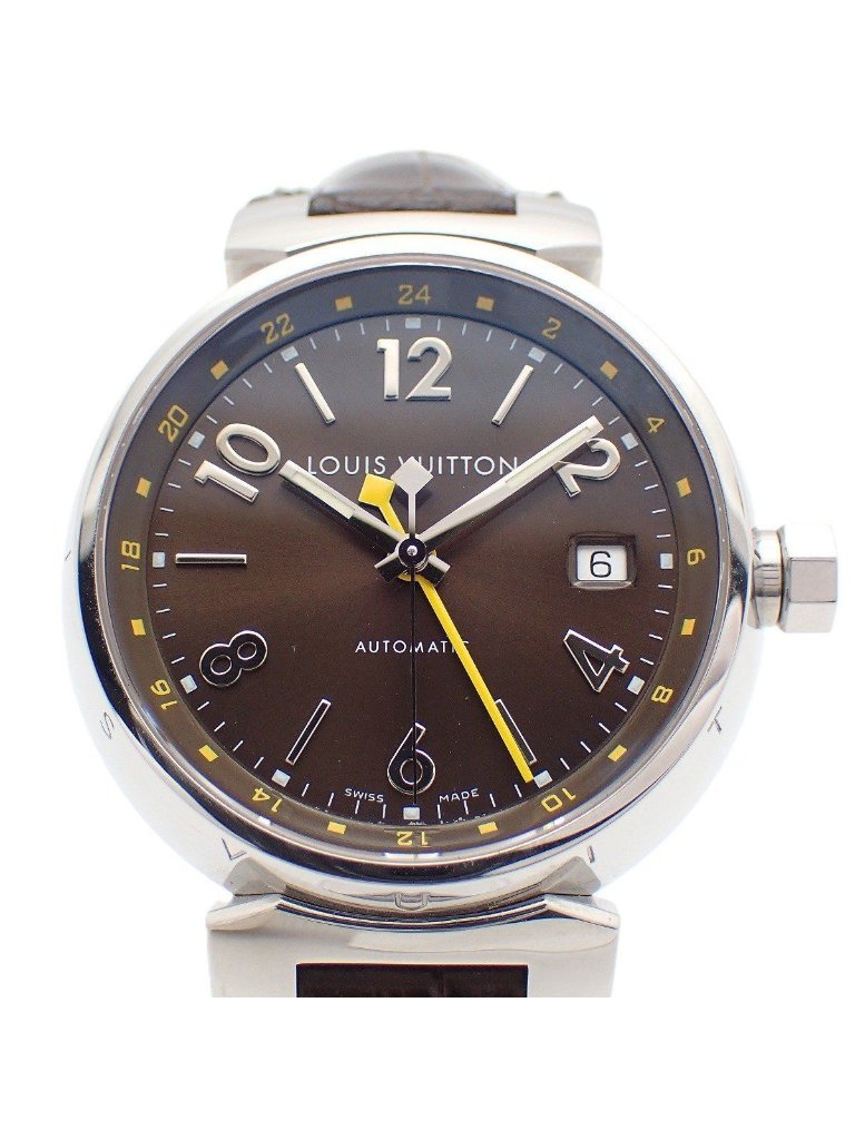 Louis Vuitton Tambour Gmt Automatic Winding Watch Brown Dial Leather Strap